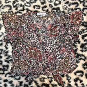 Anthropologie Oona & Maud Pink and Black Cropped Floral Blouse w/ Tie